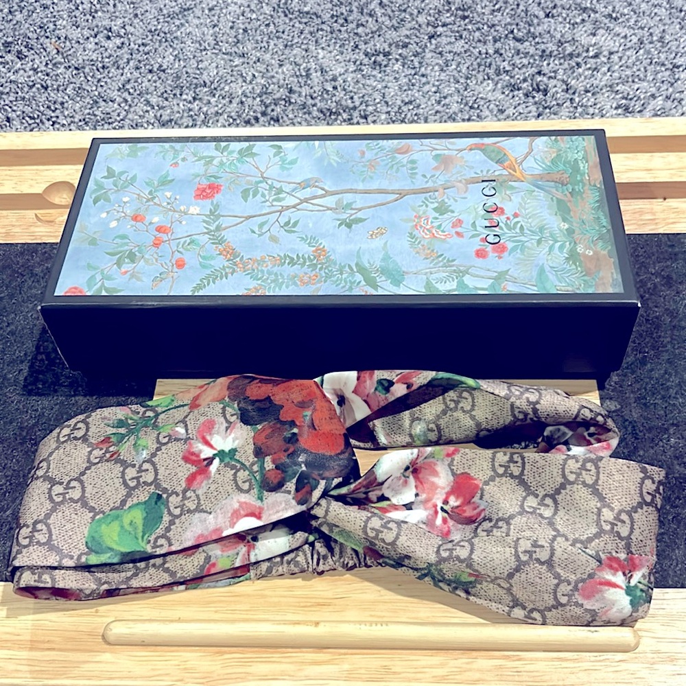 Gucci Beige Monogram Floral Silk Bow Headband with Green & Red Accents